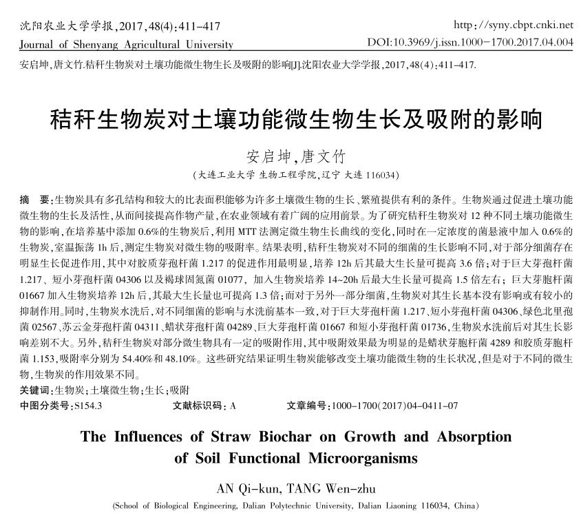秸稈生物炭對(duì)土壤功能微生物生長(zhǎng)及吸附的影響